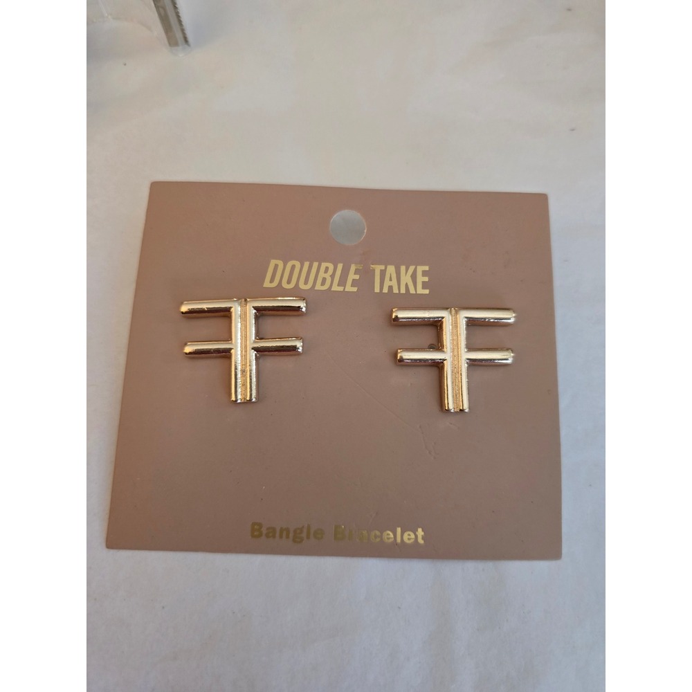 Gold Tone Double F Logo Stud Earrings Geometric Statement Jewelry